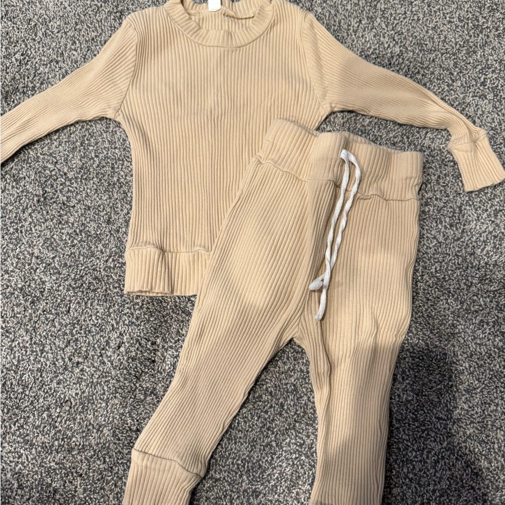 Ribbed Beige Knit Sweater and Pants Set